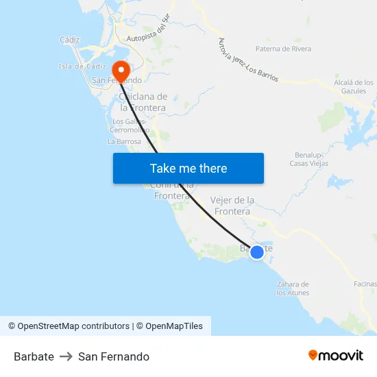 Barbate to San Fernando map