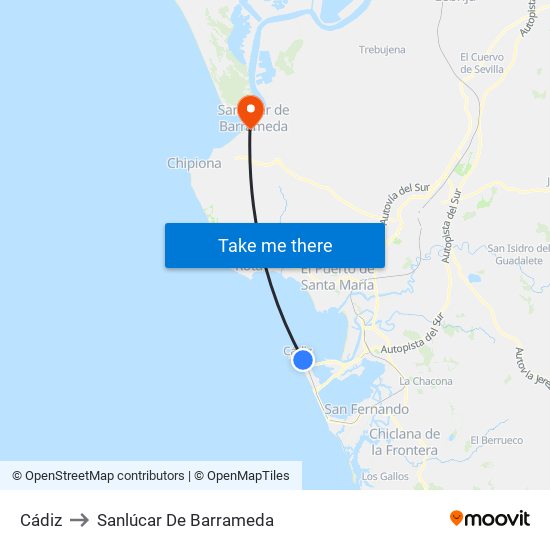 Cádiz to Sanlúcar De Barrameda map