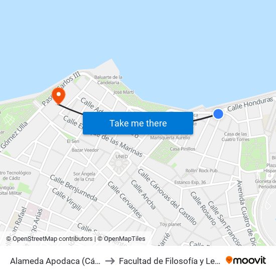 Alameda Apodaca (Cádiz) to Facultad de Filosofía y Letras map
