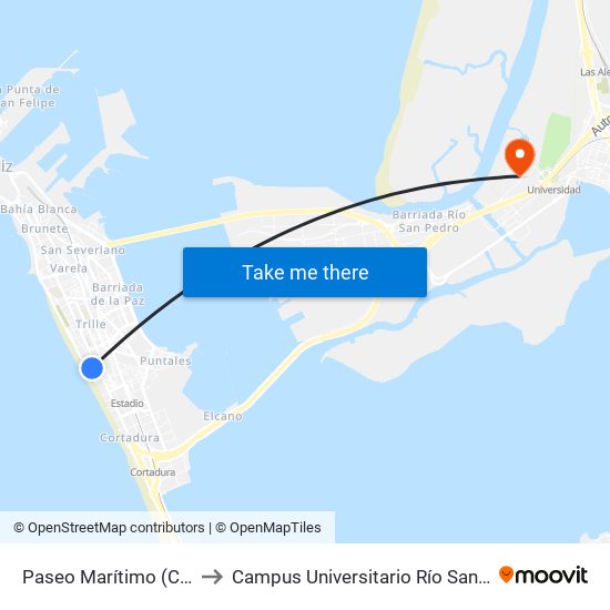 Paseo Marítimo (Cádiz) to Campus Universitario Río San Pedro map