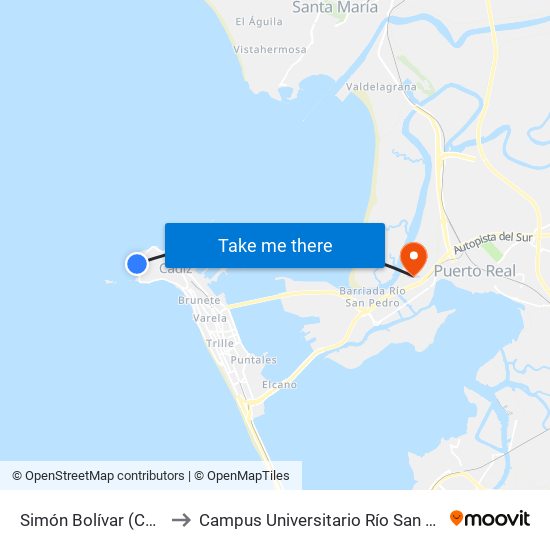 Simón Bolívar (Cádiz) to Campus Universitario Río San Pedro map