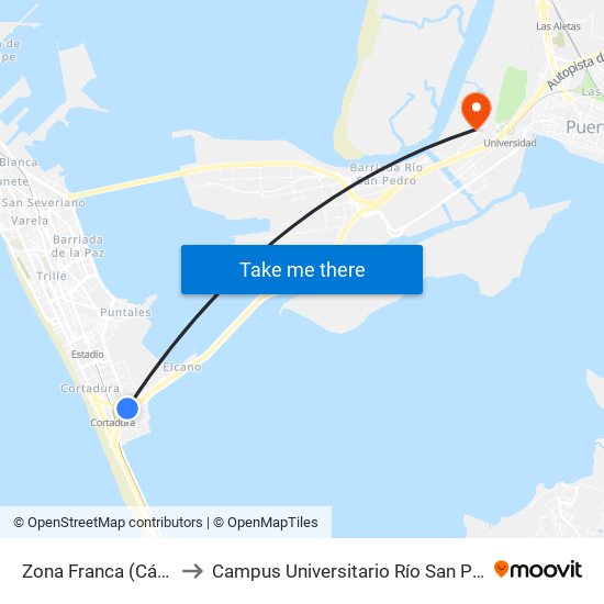 Zona Franca (Cádiz) to Campus Universitario Río San Pedro map