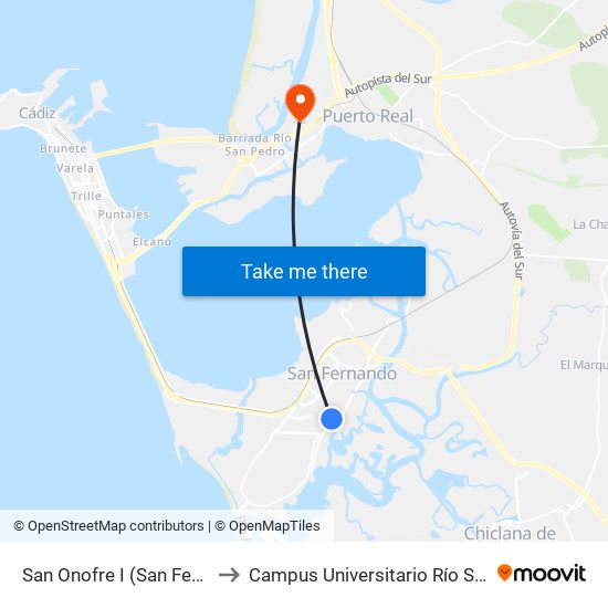 San Onofre I (San Fernando) to Campus Universitario Río San Pedro map