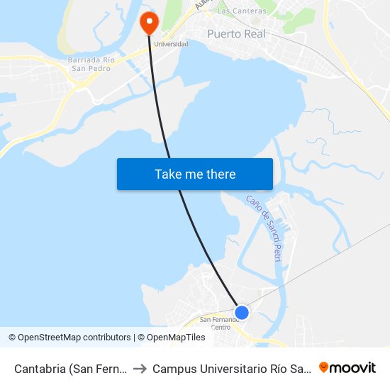 Cantabria (San Fernando) to Campus Universitario Río San Pedro map