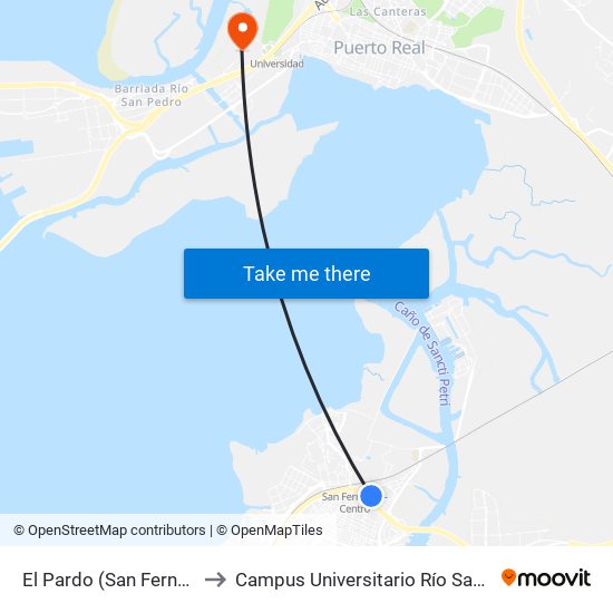 El Pardo (San Fernando) to Campus Universitario Río San Pedro map