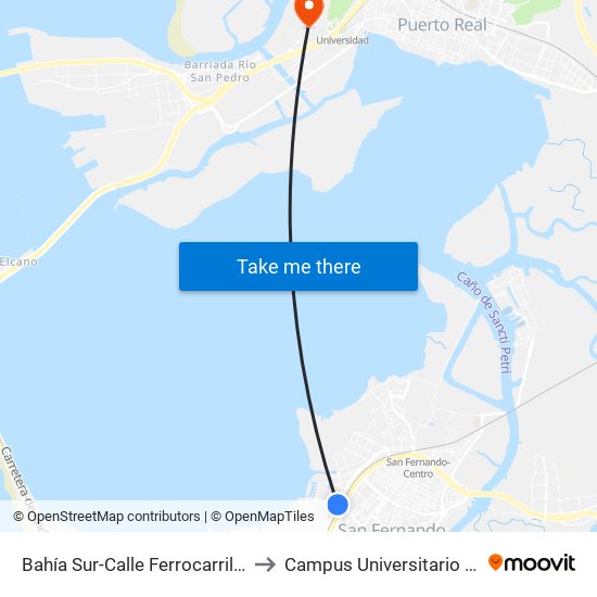 Bahía Sur-Calle Ferrocarril (San Fernando) to Campus Universitario Río San Pedro map