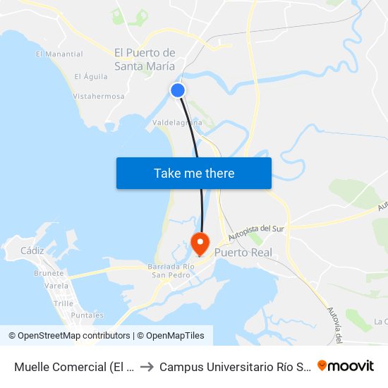Muelle Comercial (El Puerto) to Campus Universitario Río San Pedro map