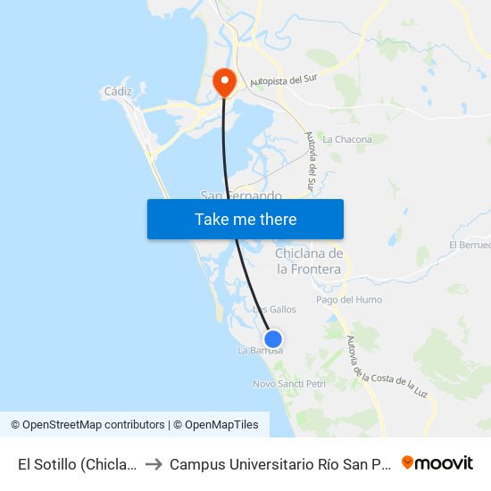 El Sotillo (Chiclana) to Campus Universitario Río San Pedro map