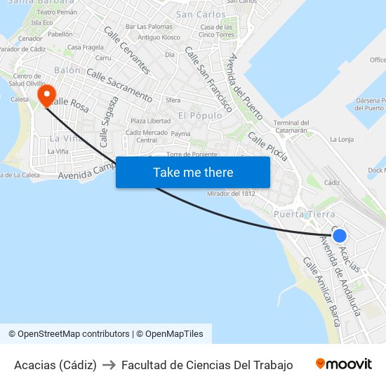 Acacias (Cádiz) to Facultad de Ciencias Del Trabajo map