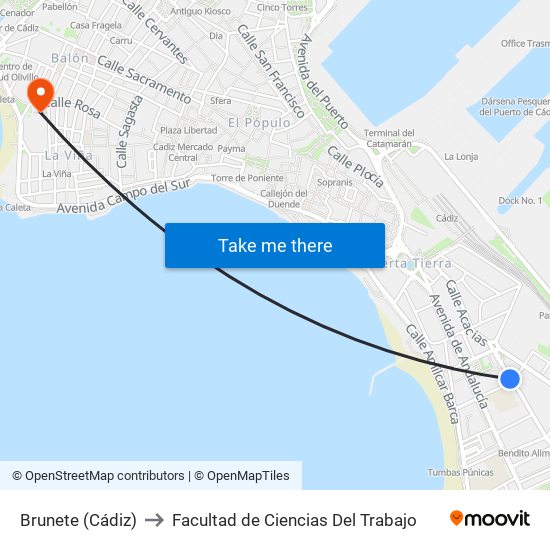 Brunete (Cádiz) to Facultad de Ciencias Del Trabajo map