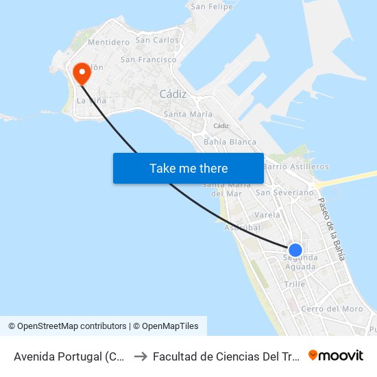 Avenida Portugal (Cádiz) to Facultad de Ciencias Del Trabajo map