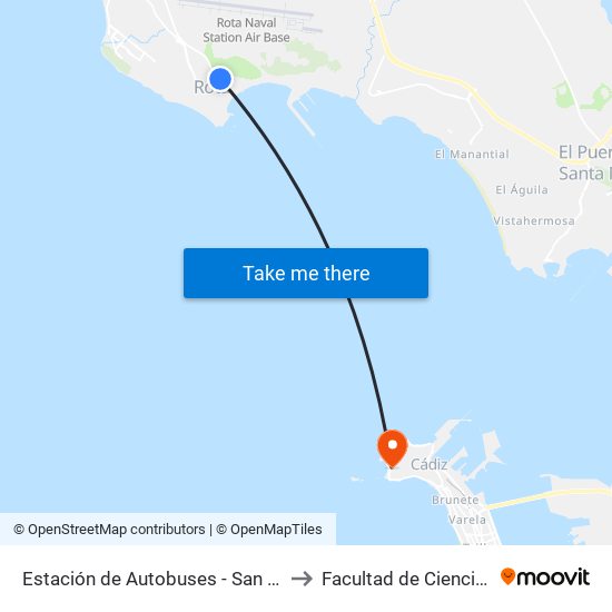 Estación de Autobuses - San Juan Bosco (Rota) 9 to Facultad de Ciencias Del Trabajo map
