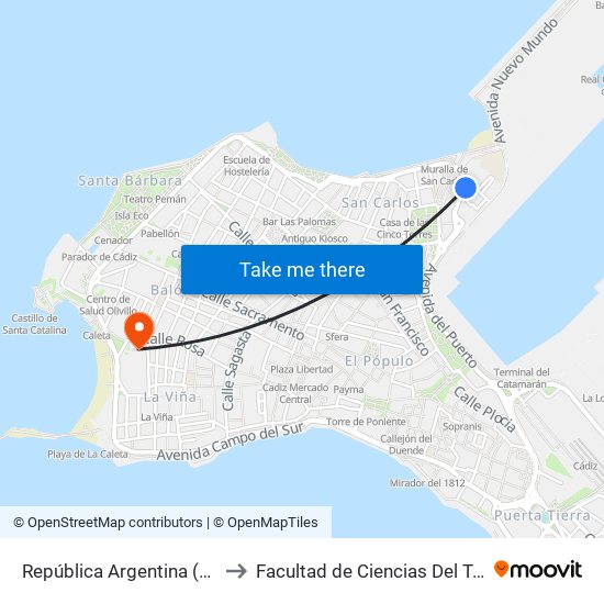 República Argentina (Cádiz) to Facultad de Ciencias Del Trabajo map