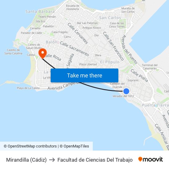 Mirandilla (Cádiz) to Facultad de Ciencias Del Trabajo map