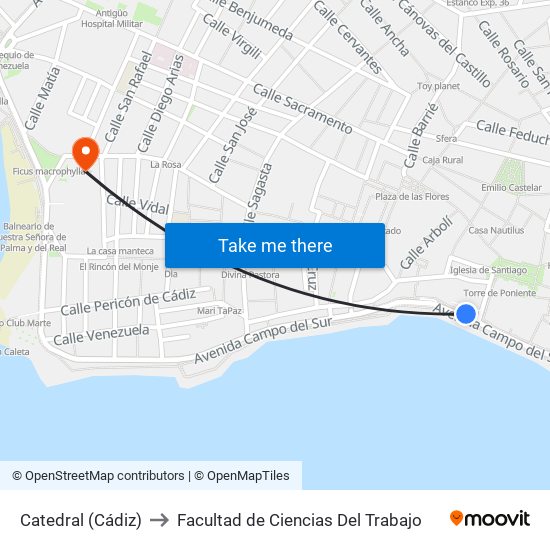 Catedral (Cádiz) to Facultad de Ciencias Del Trabajo map