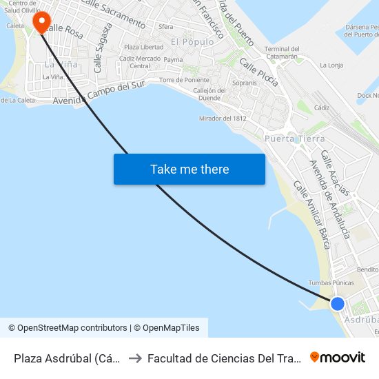 Plaza Asdrúbal (Cádiz) to Facultad de Ciencias Del Trabajo map