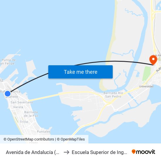 Avenida de Andalucía (Cádiz) to Escuela Superior de Ingeniería map