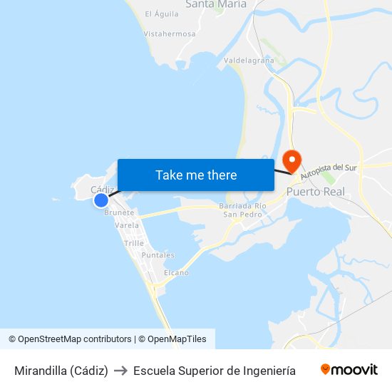 Mirandilla (Cádiz) to Escuela Superior de Ingeniería map