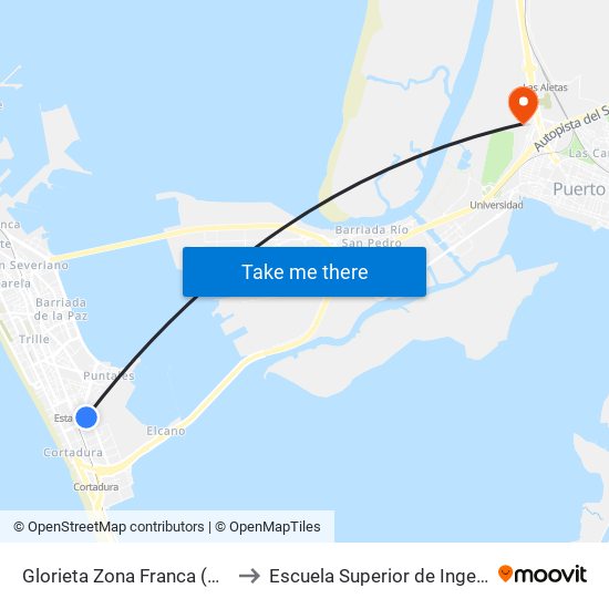 Glorieta Zona Franca (Cádiz) to Escuela Superior de Ingeniería map