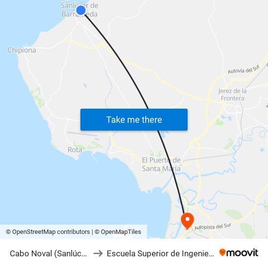 Cabo Noval (Sanlúcar) to Escuela Superior de Ingeniería map