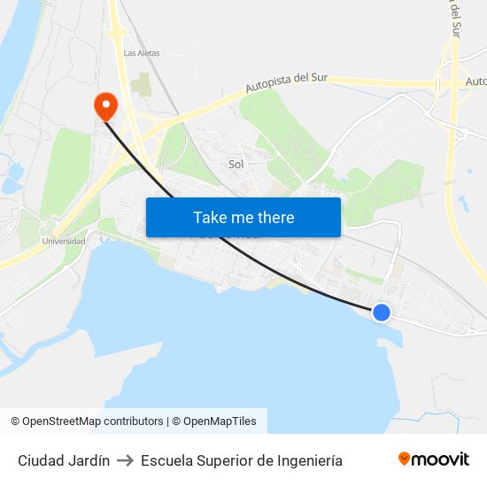Ciudad Jardín to Escuela Superior de Ingeniería map