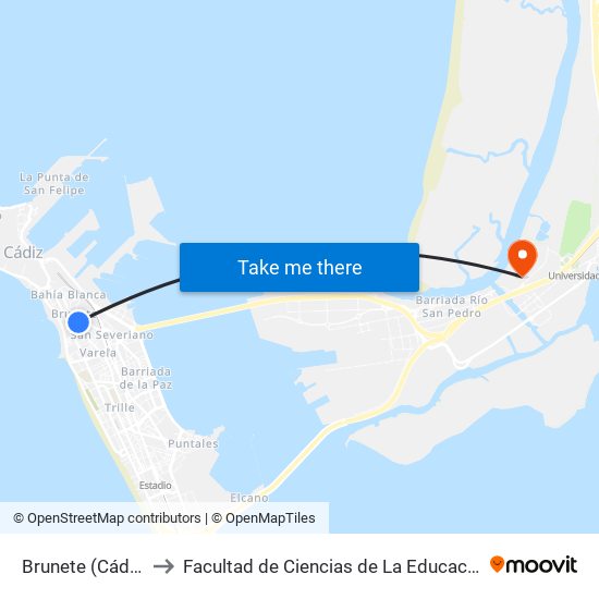 Brunete (Cádiz) to Facultad de Ciencias de La Educación map