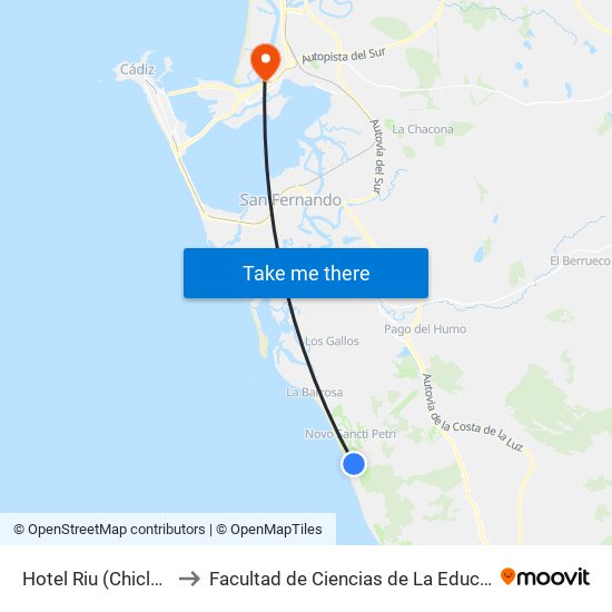 Hotel Riu (Chiclana) to Facultad de Ciencias de La Educación map