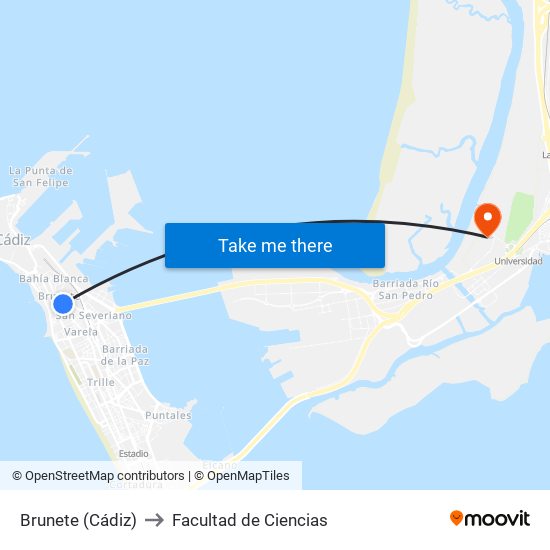 Brunete (Cádiz) to Facultad de Ciencias map