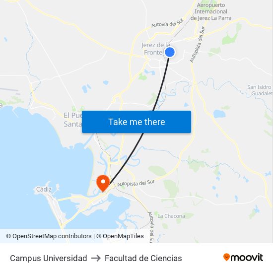 Campus Universidad to Facultad de Ciencias map