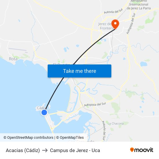 Acacias (Cádiz) to Campus de Jerez - Uca map