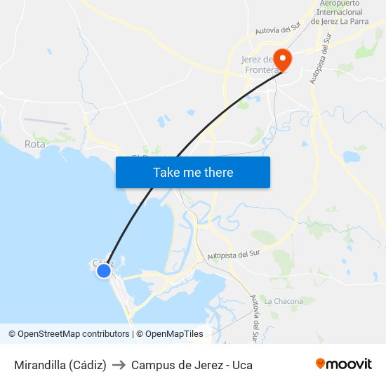 Mirandilla (Cádiz) to Campus de Jerez - Uca map