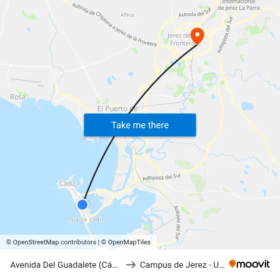 Avenida Del Guadalete (Cádiz) to Campus de Jerez - Uca map