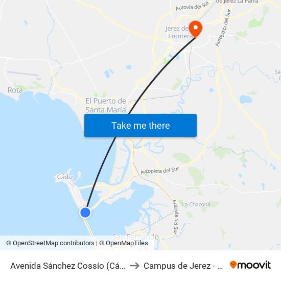 Avenida Sánchez Cossío (Cádiz) to Campus de Jerez - Uca map