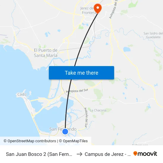 San Juan Bosco 2 (San Fernando) to Campus de Jerez - Uca map