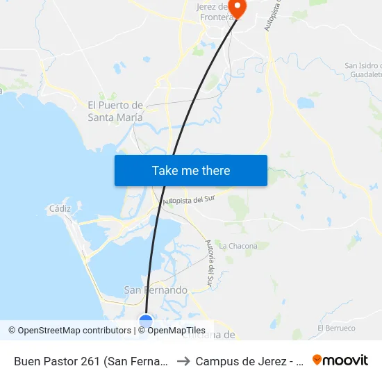 Buen Pastor 261 (San Fernando) to Campus de Jerez - Uca map
