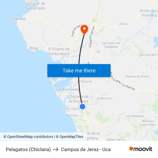 Pelagatos (Chiclana) to Campus de Jerez - Uca map