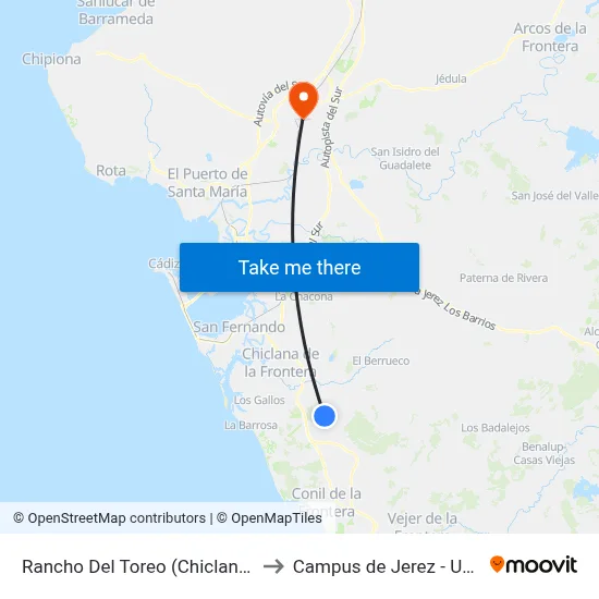 Rancho Del Toreo (Chiclana) to Campus de Jerez - Uca map