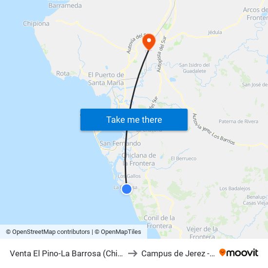 Venta El Pino-La Barrosa (Chiclana) to Campus de Jerez - Uca map