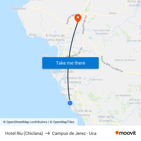 Hotel Riu (Chiclana) to Campus de Jerez - Uca map