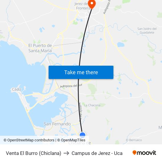 Venta El Burro (Chiclana) to Campus de Jerez - Uca map