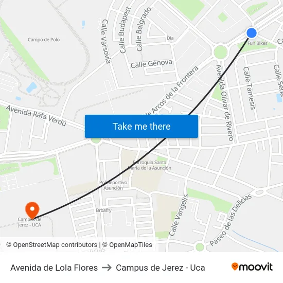 Avenida de Lola Flores to Campus de Jerez - Uca map
