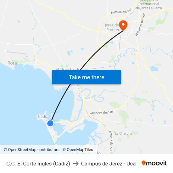 C.C. El Corte Inglés (Cádiz) to Campus de Jerez - Uca map