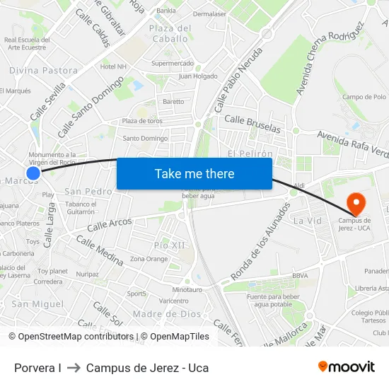 Porvera I to Campus de Jerez - Uca map