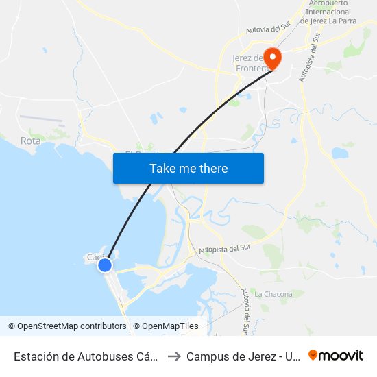 Estación de Autobuses Cádiz to Campus de Jerez - Uca map