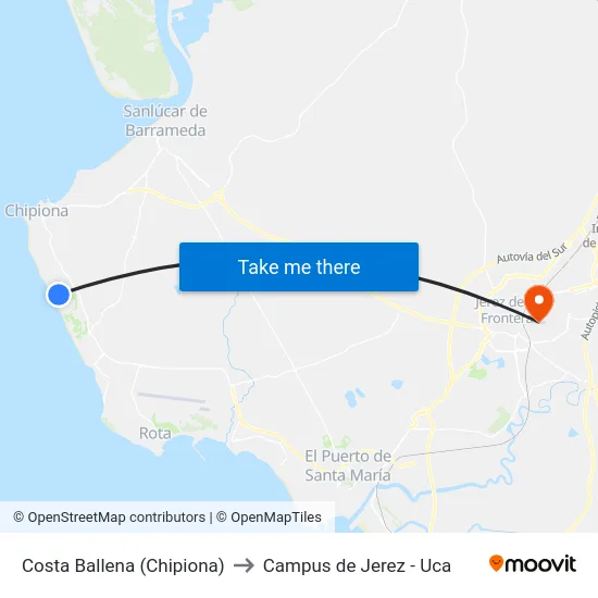 Costa Ballena (Chipiona) to Campus de Jerez - Uca map