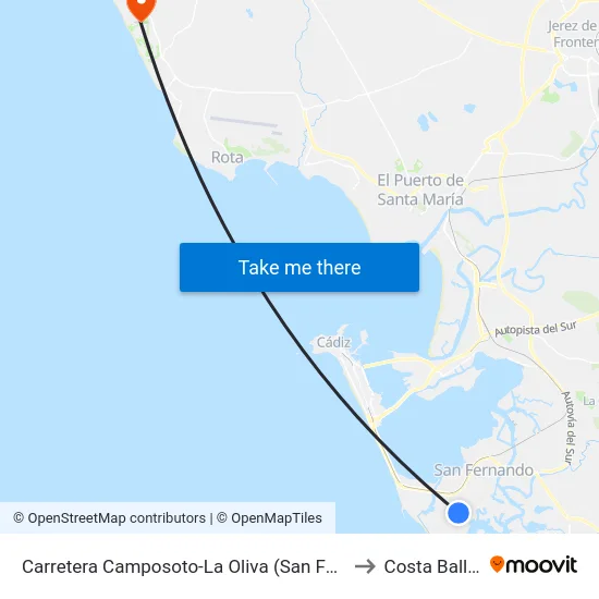 Carretera Camposoto-La Oliva (San Fernando) to Costa Ballena map
