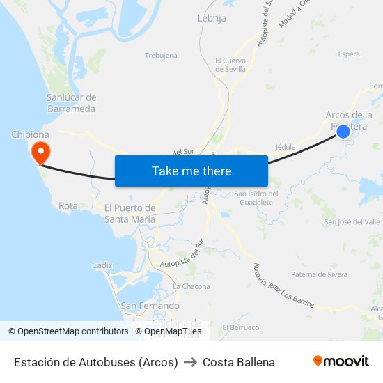Estación de Autobuses (Arcos) to Costa Ballena map