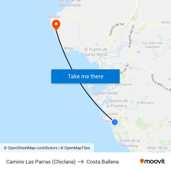Camino Las Parras (Chiclana) to Costa Ballena map