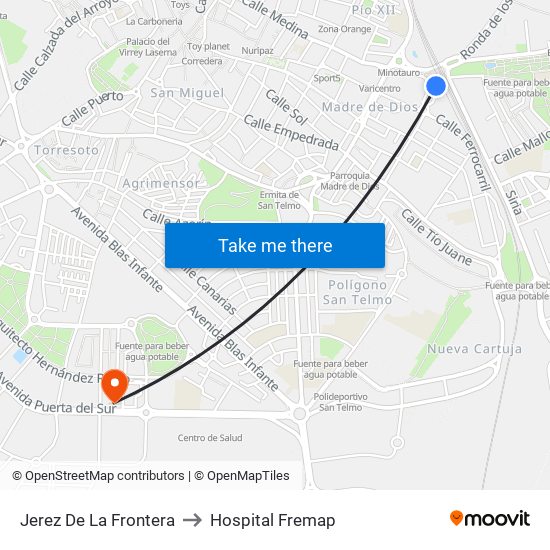 Jerez De La Frontera to Hospital Fremap map