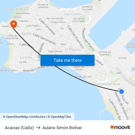 Acacias (Cádiz) to Aulario Simón Bolívar map